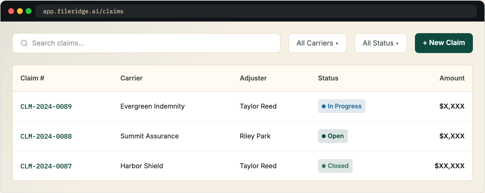 FileRidge claims list — claim number, carrier, adjuster, status, and amount
